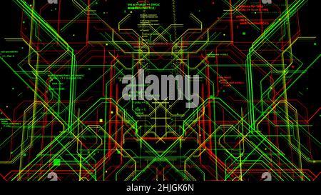 Flight through flow of digital informational tunnel, global connection concept. Animation. Blocks of computer code and narrow neon lines, seamless loo Stock Photo
