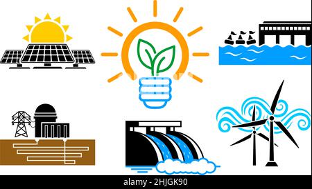 Green energy transition icons set. Electricity generation renewable source types. Solar, wind, hydro, sea, geothermal power mix. Vector on transparent Stock Vector