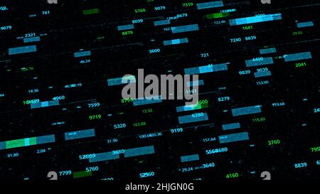 Abstract futuristic digital encrypted data, statistics monitor display. Animation. Flowing blue and green rectangles with random numbers, seamless loo Stock Photo