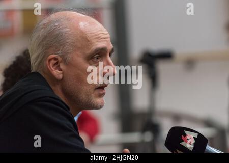 Bordeaux, France. 27th Jan, 2022. Philippe Poutou is seen talking to the press before his campaign meeting in Bordeaux.Philippe Poutou is the candidate of the NPA (New Anti-Capitalist Party) for the French presidential election. He represents the revolutionary extreme left that fights capitalism and all racial, social and gender discrimination. (Photo by Laurent Coust/SOPA Images/Sipa USA) Credit: Sipa USA/Alamy Live News Stock Photo