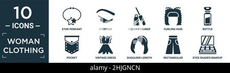 filled woman clothing icon set. contain flat star pendant, eyebrow, liquid eyeliner, curling hair, bottle, pocket, vintage dress, shoulder length, rec Stock Vector