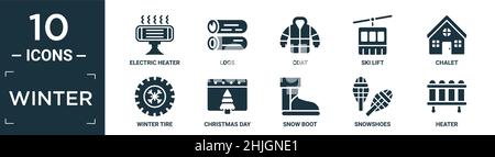 filled winter icon set. contain flat electric heater, logs, coat, ski lift, chalet, winter tire, christmas day, snow boot, snowshoes, heater icons in Stock Vector