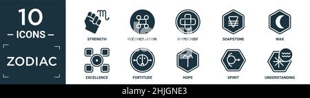 filled zodiac icon set. contain flat strength, reconciliation, hypocrisy, soapstone, wax, excellence, fortitude, hope, spirit, understanding icons in Stock Vector