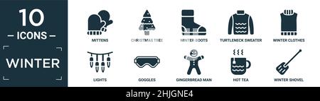 filled winter icon set. contain flat mittens, christmas tree, winter boots, turtleneck sweater, winter clothes, lights, goggles, gingerbread man, hot Stock Vector