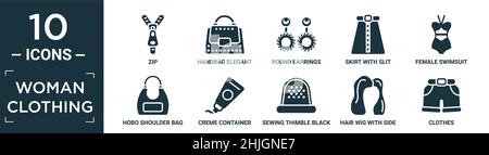 filled woman clothing icon set. contain flat zip, handbag elegant, round earrings, skirt with slit and belt, female swimsuit, hobo shoulder bag, creme Stock Vector