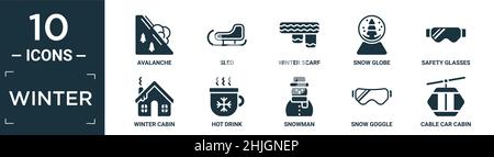 filled winter icon set. contain flat avalanche, sled, winter scarf, snow globe, safety glasses, winter cabin, hot drink, snowman, snow goggle, cable c Stock Vector