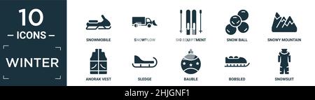 filled winter icon set. contain flat snowmobile, snowplow, ski equiptment, snow ball, snowy mountain, anorak vest, sledge, bauble, bobsled, snowsuit i Stock Vector
