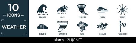 filled weather icon set. contain flat tsunami, haze, tornado, foggy, frost, cyclone, hurricane, wind, isobars, windsock icons in editable format. Stock Vector