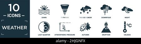 filled weather icon set. contain flat dawn, typhoon, thundersnow, downpour, night, last quarter, atmospheric pressure, autumn, eruption, celsius icons Stock Vector