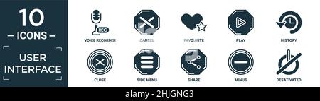 filled user interface icon set. contain flat voice recorder, cancel, favourite, play, history, close, side menu, share, minus, desativated icons in ed Stock Vector
