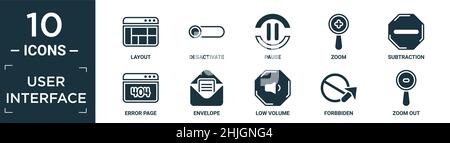 filled user interface icon set. contain flat layout, desactivate, pause, zoom, subtraction, error page, envelope, low volume, forbbiden, zoom out icon Stock Vector