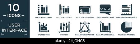 filled user interface icon set. contain flat vertical data bars, multiple variable vertical bars, data writing board interface, speech bubble with thr Stock Vector