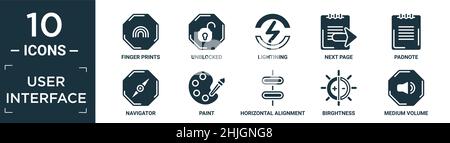 filled user interface icon set. contain flat finger prints, unblocked, lightining, next page, padnote, navigator, paint, horizontal alignment, birghtn Stock Vector
