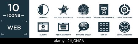 filled web icon set. contain flat darkness, web mark as favorite star, interlinked web, page setting interface, circular graphic, closing, page varian Stock Vector