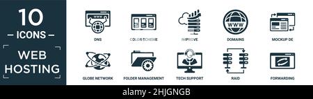 filled web hosting icon set. contain flat dns, color scheme, improve, domains, mockup de, globe network, folder management, tech support, raid, forwar Stock Vector