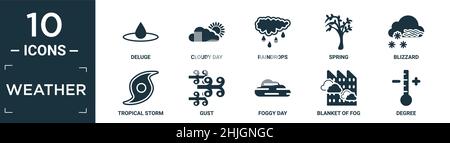 filled weather icon set. contain flat deluge, cloudy day, raindrops, spring, blizzard, tropical storm, gust, foggy day, blanket of fog, degree icons i Stock Vector