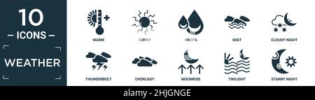 filled weather icon set. contain flat warm, sunny, drops, mist, cloudy night, thunderbolt, overcast, moonrise, twilight, starry night icons in editabl Stock Vector