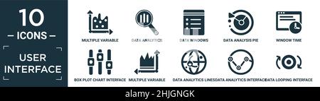 filled user interface icon set. contain flat multiple variable continuous chart, data analytics, data windows, data analysis pie chart interface, wind Stock Vector