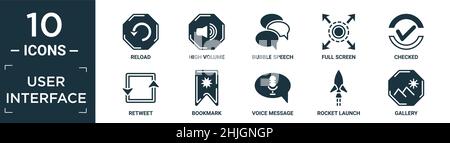 filled user interface icon set. contain flat reload, high volume, bubble speech, full screen, checked, retweet, bookmark, voice message, rocket launch Stock Vector