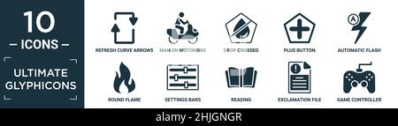 filled ultimate glyphicons icon set. contain flat refresh curve arrows, man on motorbike, drop crossed, plus button, automatic flash, round flame, set Stock Vector