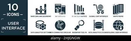 filled user interface icon set. contain flat bars and line ascending of data analytics, data coding, 3d data analytics dual bars, global cart interfac Stock Vector