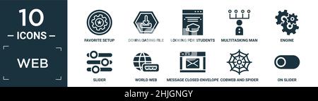 filled web icon set. contain flat favorite setup, downloading file, looking for students, multitasking man, engine, slider, world web, message closed Stock Vector