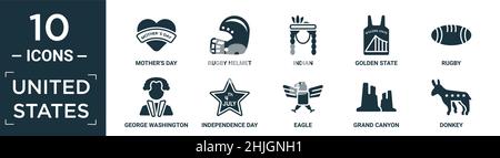filled united states icon set. contain flat mother's day, rugby helmet, indian, golden state, rugby, george washington, independence day, eagle, grand Stock Vector