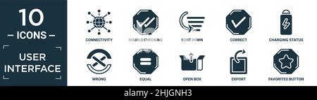 filled user interface icon set. contain flat connectivity, double checking, sort down, correct, charging status, wrong, equal, open box, export, favor Stock Vector
