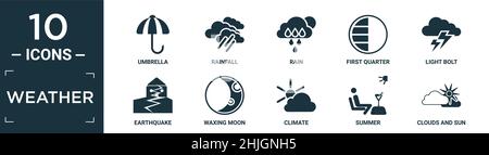 filled weather icon set. contain flat umbrella, rainfall, rain, first quarter, light bolt, earthquake, waxing moon, climate, summer, clouds and sun ic Stock Vector