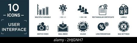 filled user interface icon set. contain flat multiple variable lines, dollar, humans, rectangular certificate, labels, switch video, mail inbox, iclou Stock Vector