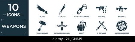 filled weapons icon set. contain flat blade, samurai, molotov cocktail, boards, bazooka, thor hammer, japanese shuriken, burst, 2 katanas, shooting ta Stock Vector