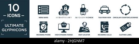 filled ultimate glyphicons icon set. contain flat menu bars, internet security, suitcase with check, taxi fron view, circular counterclockwise arrows, Stock Vector