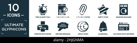 filled ultimate glyphicons icon set. contain flat time almost full, phone blocked, attach rotated, empty star, washing machine with dots, printer with Stock Vector