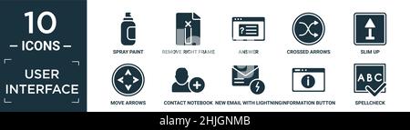filled user interface icon set. contain flat spray paint, remove right frame, answer, crossed arrows, slim up, move arrows, contact notebook, new emai Stock Vector