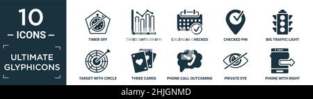 filled ultimate glyphicons icon set. contain flat timer off, three bars graph, calendar checked, checked pin, big traffic light, target with circle, t Stock Vector