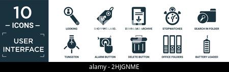 filled user interface icon set. contain flat looking, shopping label, download archive, stopwatches, search in folder, tungsten, alarm button, delete Stock Vector