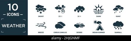 filled weather icon set. contain flat snowy, cold, dew, dawn, rainy, breeze, cirrus cumulus, degree, indian summer, rainfall icons in editable format. Stock Vector