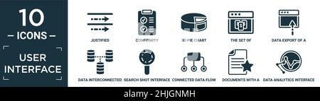filled user interface icon set. contain flat justified, confirmity, 3d pie chart, the set of, data export of a window with an arrow, data interconnect Stock Vector
