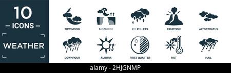 filled weather icon set. contain flat new moon, moonrise, ice pellets, eruption, altostratus, downpour, aurora, first quarter, hot, hail icons in edit Stock Vector