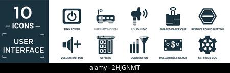 filled user interface icon set. contain flat tiny power, internet modem, loud audio, shaped paper clip, remove round button, volume button, offices, c Stock Vector