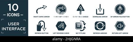 filled user interface icon set. contain flat right curve arrow, turn right arrow, curvy road ahead, download arrow, up fold button, refresh button, le Stock Vector