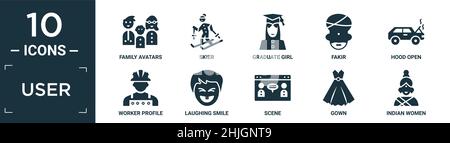 filled user icon set. contain flat family avatars, skier, graduate girl, fakir, hood open, worker profile, laughing smile, scene, gown, indian women i Stock Vector