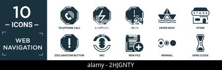 filled web navigation icon set. contain flat telephone call, lightning, hour, paper boat, store, exclamation button, mic, new file, minimal, sand cloc Stock Vector
