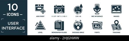 filled user interface icon set. contain flat add event, heart on calendar, boring, mic interface, images, level, newspaper folded, shocked smile, font Stock Vector