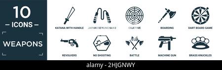 filled weapons icon set. contain flat katana with handle, japanese nunchaku, objetive, boarding, dart board game, revolvers, no shooting, battle, mach Stock Vector