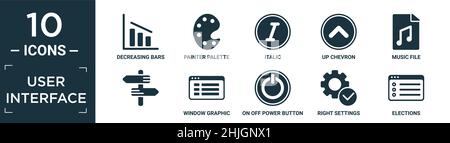filled user interface icon set. contain flat decreasing bars chart, painter palette, italic, up chevron, music file, , window graphic, on off power bu Stock Vector
