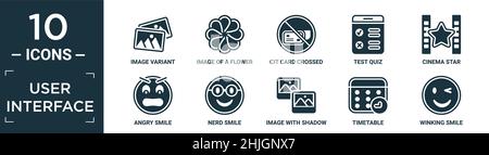 filled user interface icon set. contain flat image variant, image of a flower, cit card crossed, test quiz, cinema star, angry smile, nerd smile, imag Stock Vector