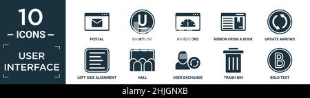 filled user interface icon set. contain flat postal, underline, indicators, ribbon from a book, update arrows, left side alignment, hall, user exchang Stock Vector