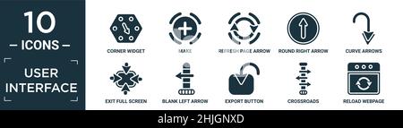 filled user interface icon set. contain flat corner widget, make, refresh page arrow button, round right arrow, curve arrows, exit full screen arrows, Stock Vector