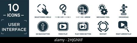 filled user interface icon set. contain flat selectioned circle, forbidden cursor, sketched arrow, mechanic tool, crossroad, go back button, video pla Stock Vector